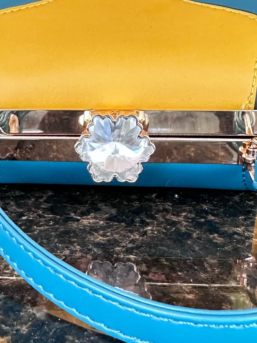 Accessorize Blue Yellow Top Handle Crossbody Bag Crystal Clasp - Picture 14 of 16